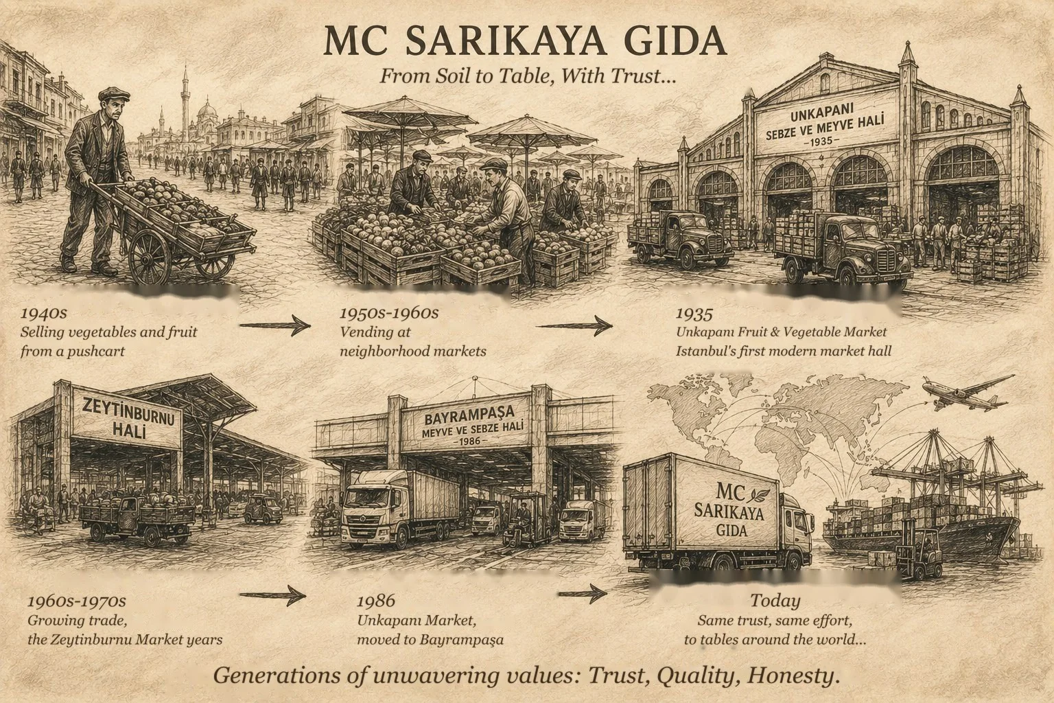 Illustration of MC Sarıkaya Gıda's journey from the 1940s to today: pushcart trade, neighborhood markets, wholesale market halls, and export to world markets